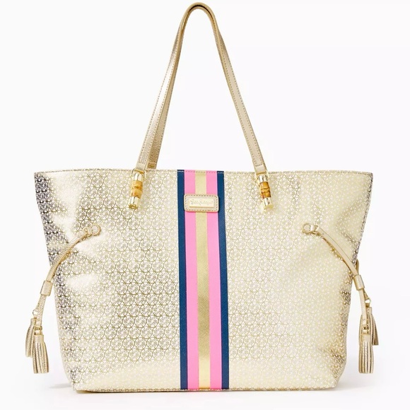 Lilly Pulitzer Handbags - Lilly Pulitzer Gold Tote with Pink and Blue Stripes